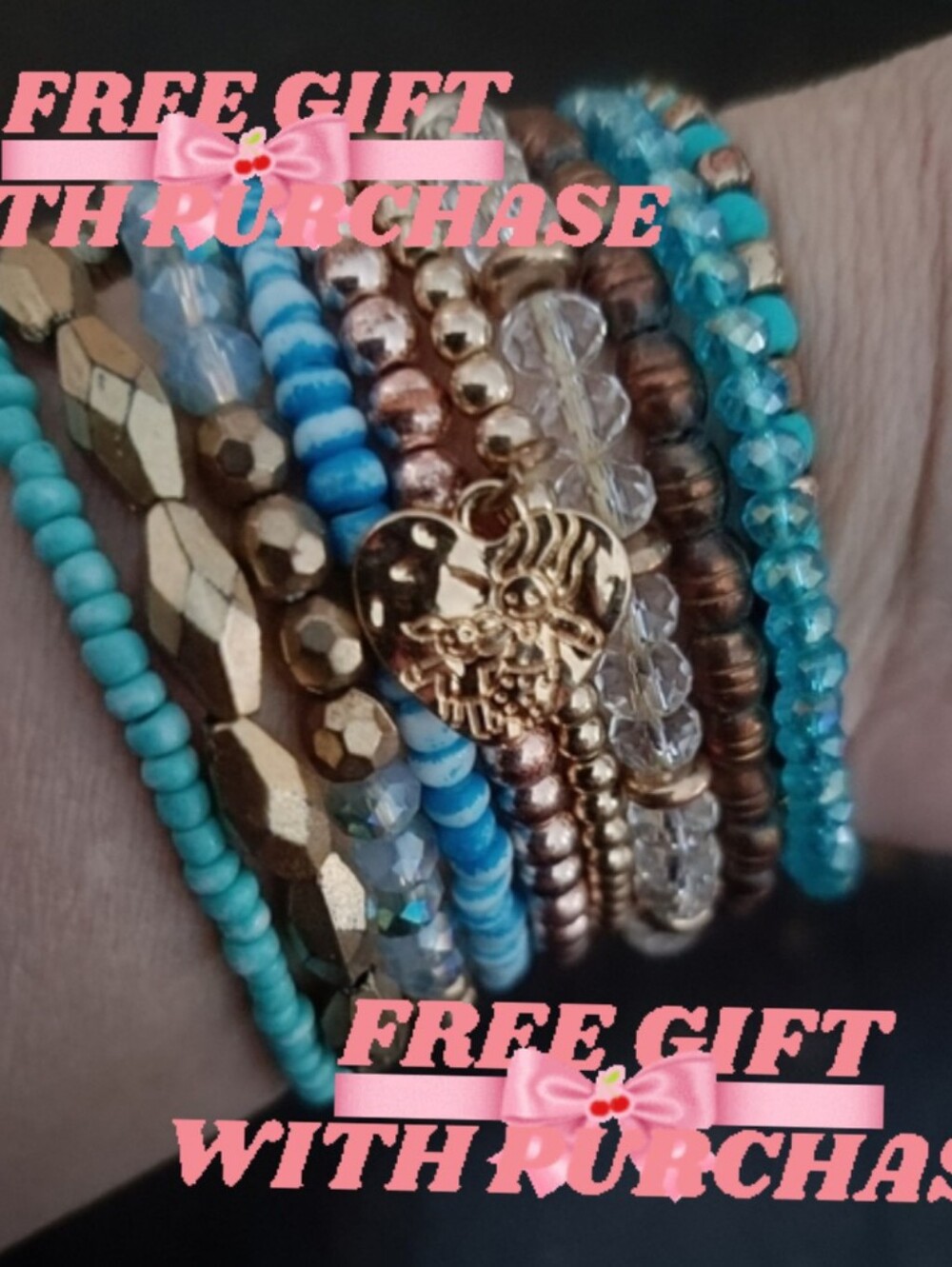 FREE with achat!❤️Elegant Boho Turquoise/Gold/Tan Beaded Bracelet Set of 10